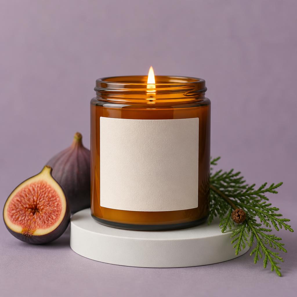Lit amber glass candle with a blank label, fig and cedar sprigs beside it