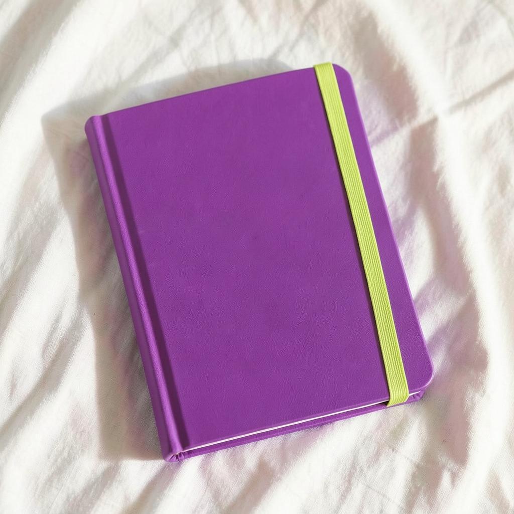 Purple hardcover founder's journal with a lime green elastic band on white linen