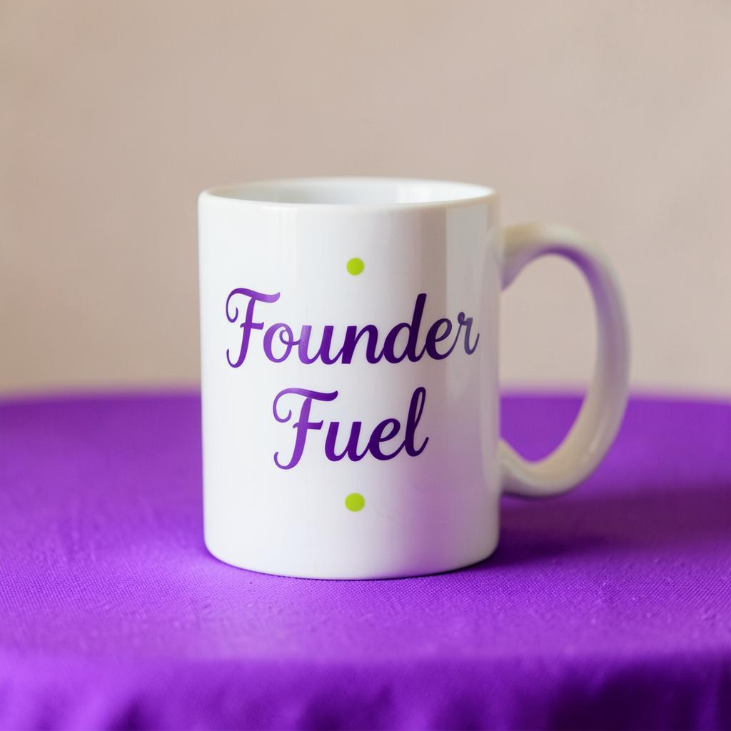 White ceramic Founder Fuel mug with purple lettering on a purple tablecloth