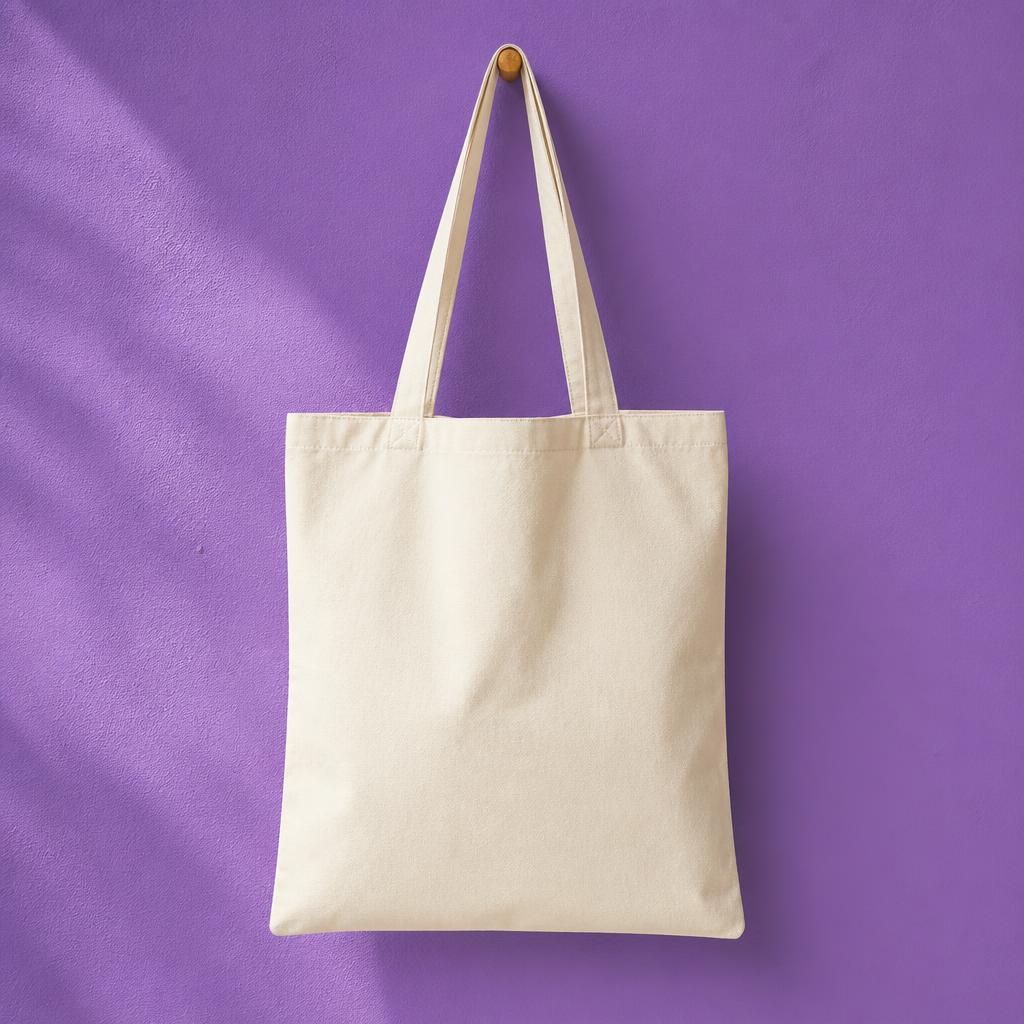 Cream canvas tote bag hanging against a bright purple wall